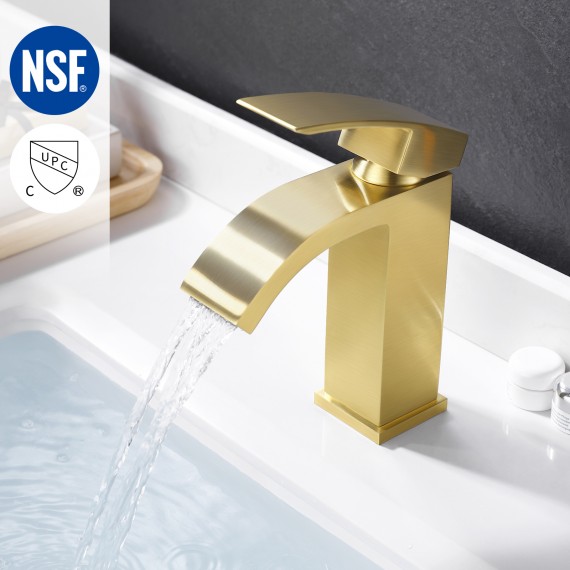 Brushed Brass Bathroom Waterfall Faucet Single Handle One Hole Vanity Sink Faucet cUPC NSF Certified Brass Construction, L3109ALF-BZ